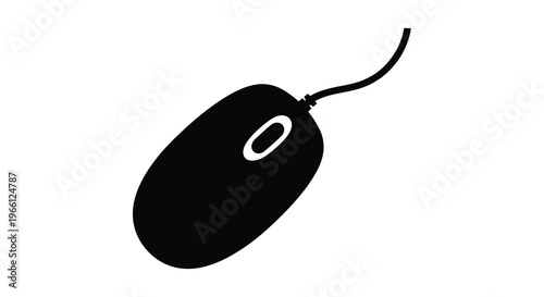 A simple black silhouette depicts a computer mouse with a cord showcasing its basic ergonomic shape and scroll wheel high quality