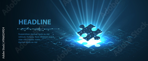 Glowing puzzle piece over digital circuit board. Problem solving, innovation, strategy, system integration, technology solution, data connection, future business concept. Vector illustration