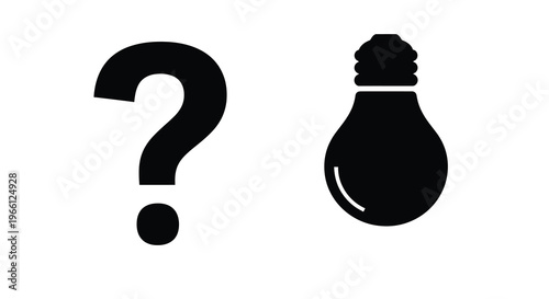 A stark black and white illustration depicts a question mark and a lightbulb side by side on a white background