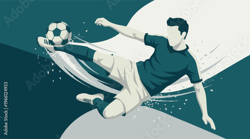 Dynamic illustration of a soccer player performing an aerial kick on the ball