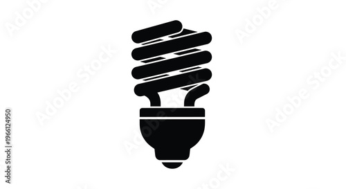 A stark black silhouette depicts a compact fluorescent lamp showcasing its coiled design and screw base high quality professional detailed modern