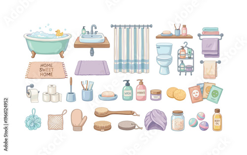 Cute bathroom essentials and accessories collection for daily hygiene routines