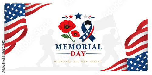 Memorial Day Banner with American Flag, Red Poppy Flowers, Patriotic Ribbon and Soldier Silhouettes – Honoring All Who Served