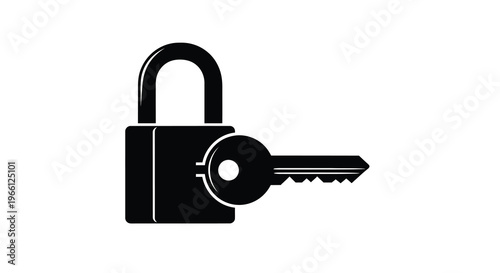 A simple black silhouette depicts a padlock unlocked with a key inserted symbolizing security and access high quality professional detailed modern