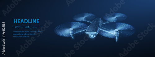 Glowing drone on blue background. UAV technology, flight system, air transport, remote control, digital drone, innovation in logistics and communication concept. Vector illustration