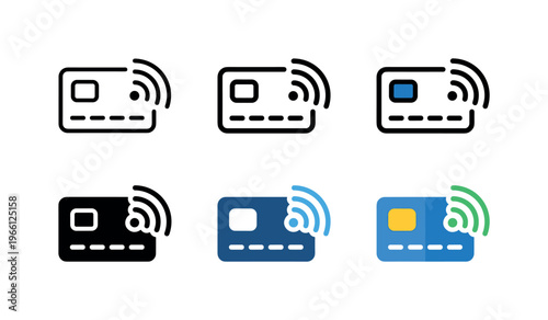 Collection of contactless payment icons showing credit cards with wireless signals