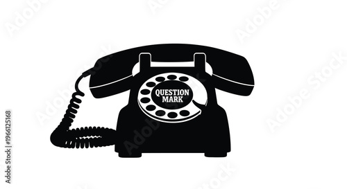 A stark black silhouette of a vintage rotary telephone features a question mark replacing the dialing numbers high quality professional detailed