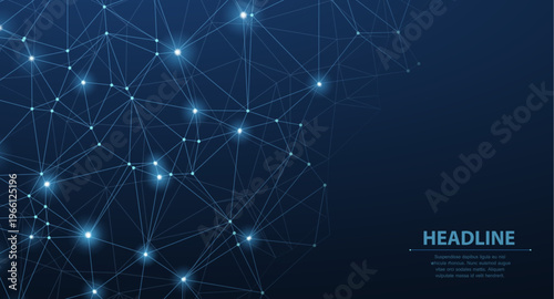 Glowing digital network nodes connected by lines on blue background. Data network, technology infrastructure, connectivity, communication system, abstract concept. Vector illustration