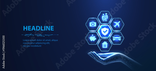 Glowing digital icons above hand on blue background. Smart home technology, security system, internet of things, digital service, automation concept. Vector illustration