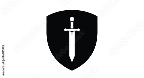 A stark black shield displays a white vertically oriented sword symbolizing protection and strength in a simple design high quality professional