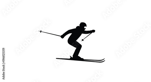 A silhouetted image depicts a skier in motion dynamically positioned with skis and poles extended high quality professional detailed modern elegant