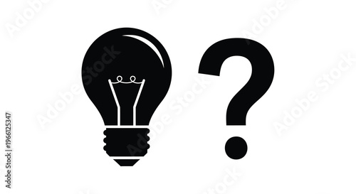 A black silhouette of a lightbulb is positioned beside a black question mark symbolizing an idea or problem high quality professional
