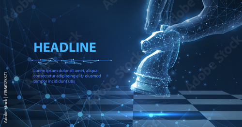 Hand moving chess pawn on blue board. Business strategy, leadership decision, planning process, competition analysis, smart move, digital management concept. Vector illustration