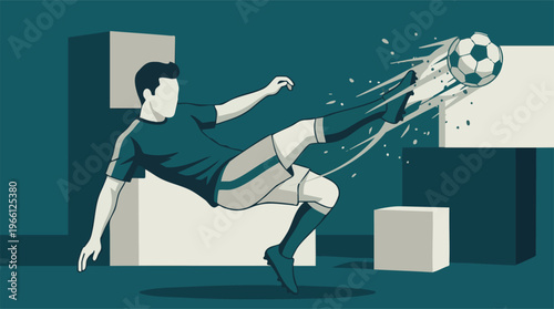 Dynamic soccer player performing an acrobatic overhead kick in minimalist style