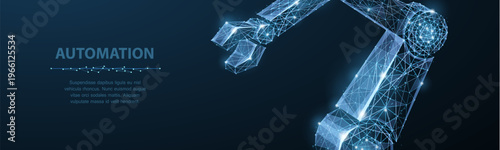 Robotic arm in blue digital light. Industrial automation, smart manufacturing, engineering system, machine control, futuristic factory process, technology concept. Vector illustration