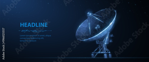 Satellite dish antenna on blue background. Wireless communication, signal transmission, telecom network, radar system, broadcast connection, digital technology concept. Vector illustration