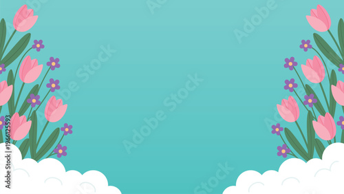 Spring Floral Frame, Mother's Day background with pink tulips and purple blossoms on blue sky design