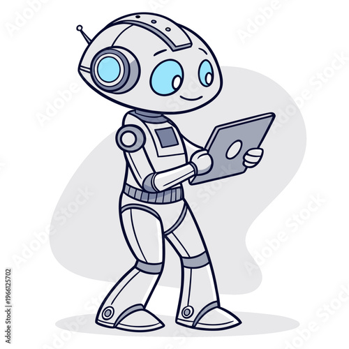 A robot holding a laptop computer