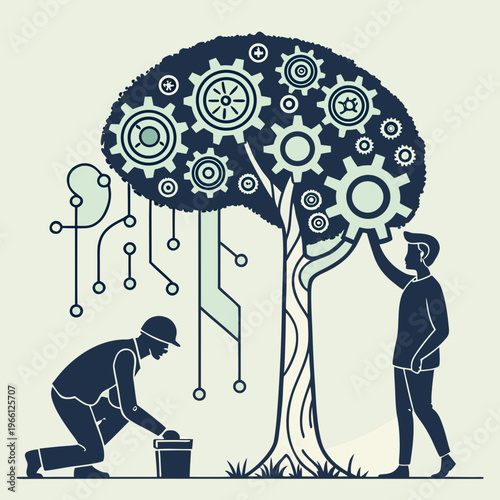 Two people working together to grow a gear tree