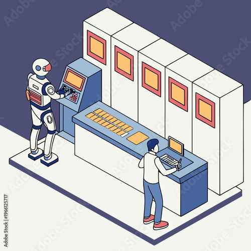 A robot and a person working at a computer workstation