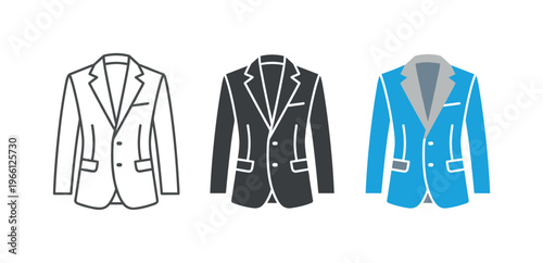 Modern fashion blazer jacket icons in outline, solid, and color styles