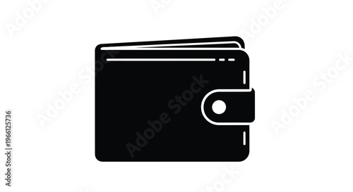 A simple black and white icon depicts a closed rectangular wallet with a flap and snap closure high quality professional detailed