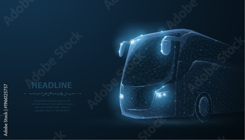 Glowing autonomous bus on blue background. Smart transport, electric vehicle, futuristic mobility, public transit, digital network, innovation, future travel concept. Vector illustration