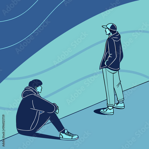 Two young men standing and sitting on a blue background