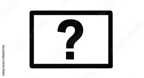 A black rectangle frames a large bold question mark centrally positioned on a pure white background high quality professional detailed modern