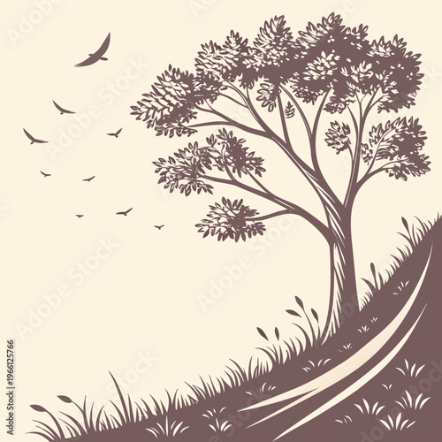 A tree on a hill with birds flying overhead