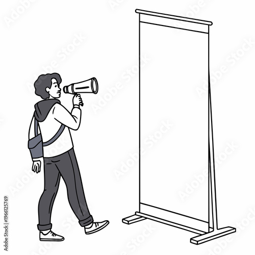 A man looks at a blank poster board