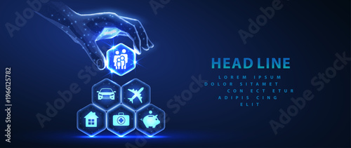 Hand touching smart home icons with glowing interface. Automation control, house security, digital connection, technology, network system, innovation service concept. Digital illustration
