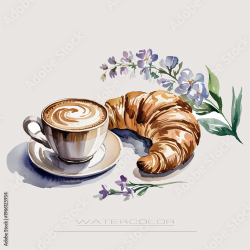 A delicious cappuccino served in a stylish cup next to a golden, flaky croissant. 