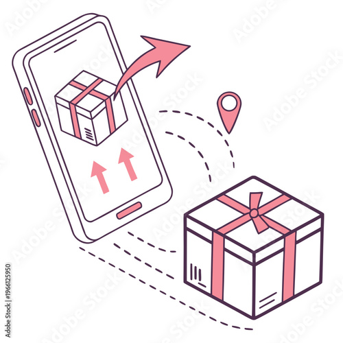 A gift box being sent from a smartphone to a physical location