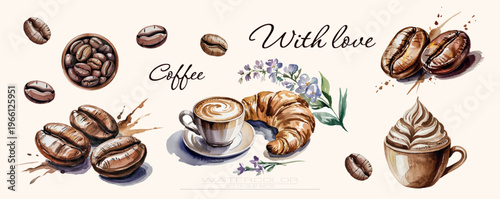 A cozy and inviting flat lay composition featuring a cup of coffee, a freshly baked croissant, and scattered coffee beans. 