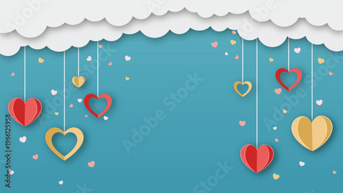 Paper Cut Hearts Background, Hanging Red and Gold Heart Decorations for Valentine Day Festive Greeting Card Design