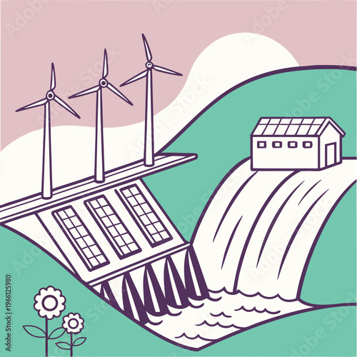 Hydroelectric dam with wind turbines and a house