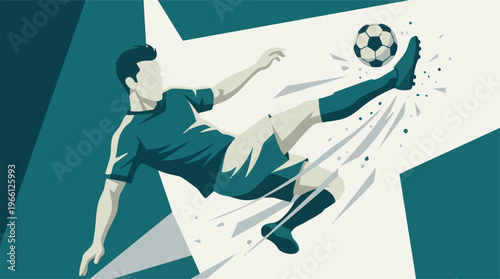Dynamic graphic illustration of a soccer player striking the ball mid-air