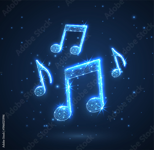 Glowing musical notes floating in blue space. Music concept, sound rhythm, melody symbol, audio technology, creative entertainment, futuristic digital art scene. Vector illustration