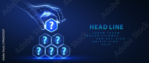Digital hand stacking glowing cubes with question marks. FAQ concept, problem solving, support service, guidance, help center, innovation, futuristic interface scene. Vector illustration