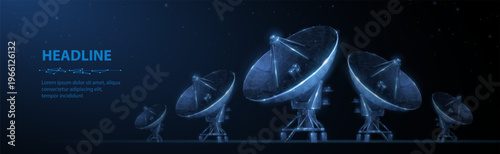 Futuristic satellite dishes in blue glow. Communication concept, signal transmission, broadcast network, space technology, data connection, digital antenna system. Vector illustration