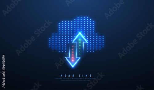 Cloud with glowing upload and download arrows. Data transfer concept, cloud computing, storage sync, online backup, digital network, futuristic technology interface. Vector illustration
