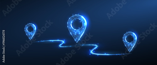 Glowing map pins connected by light path. GPS navigation, travel route, location tracking, digital direction, transport network, smart futuristic mobility concept. Vector illustration