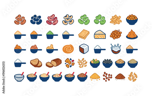 Collection of plant-based protein sources and powders in icon format