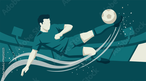 Stylized illustration of a soccer player performing an acrobatic overhead kick in a stadium