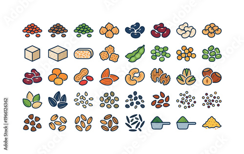 Collection of plant-based protein food icons including legumes, nuts, seeds, and powders