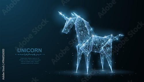 Glowing polygon unicorn in blue light. Fantasy concept, digital creature, magical symbol, innovation, hologram design, futuristic art, abstract technology scene. Vector illustration