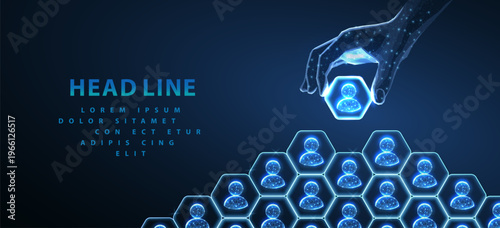 Digital hand placing people icons in network structure. Team hierarchy, staff organisation, leadership model, human resources, management system, business concept. Vector illustration