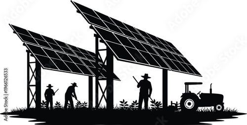 Sustainable smart agriculture concept with solar panels and farmers in field silhouette