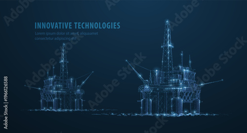 Offshore oil platforms in wireframe style on blue background. Energy industry, petroleum production, marine engineering, refinery infrastructure, future technology concept. Vector illustration